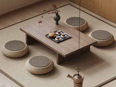 Minimalist Wooden Tea Table with Round Cushioned Stools and Tea Set on Woven Mat 3d model