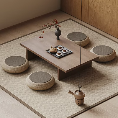 Minimalist Wooden Tea Table with Round Cushioned Stools and Tea Set on Woven Mat 3d model