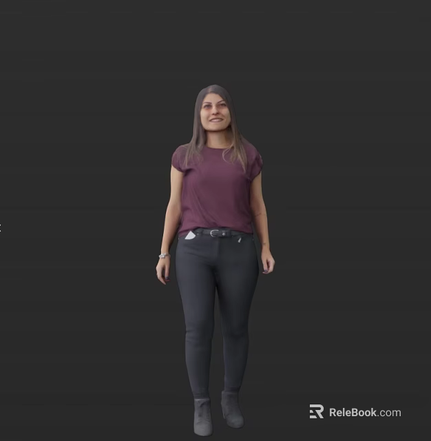 Stylish Woman In Purple Short Sleeved Top And Black Jeans Standing Against Dark Background 3d model 