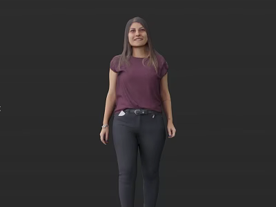 Stylish Woman In Purple Short Sleeved Top And Black Jeans Standing Against Dark Background 3d model