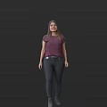 Stylish Woman In Purple Short Sleeved Top And Black Jeans Standing Against Dark Background