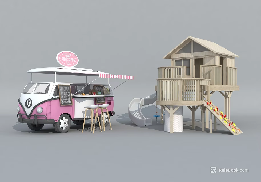 Pink Volkswagen Commercial Food Truck Equipment With Outdoor Awning And Serving Counter 3d model 