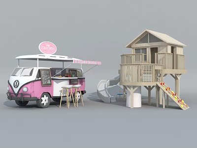 Pink Volkswagen Commercial Food Truck Equipment With Outdoor Awning And Serving Counter 3d model