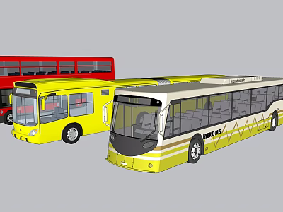 Red Double Decker and Yellow Single Decker Buses with Brown Stripes 3d model