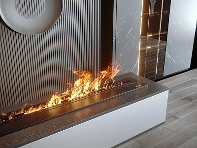 Modern Linear Fireplace with Flames in Elegant Contemporary Home Interior 3d model