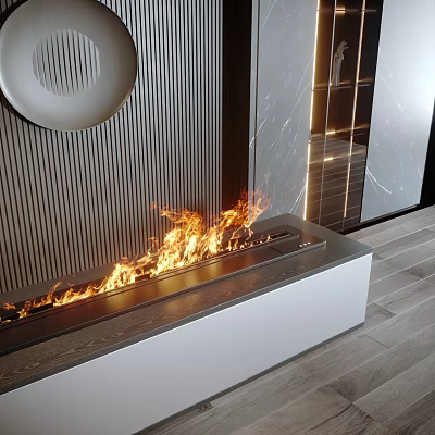Modern Linear Fireplace with Flames in Elegant Contemporary Home Interior 3d model