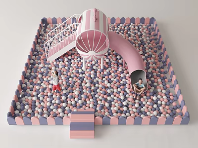 Colorful Ball Pit Playground Equipment with Pink Slide Tent Top Stairs and Blue Enclosure 3d model
