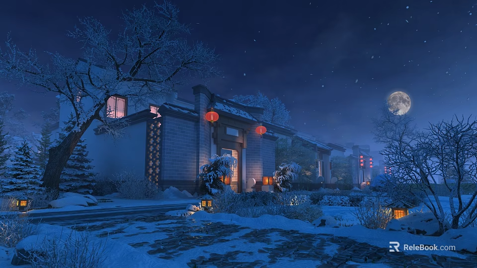 Scenic Snowy Night Courtyard with Chinese Architecture Red Lanterns Full Moon and Starry Sky 3d model 