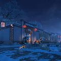 Scenic Snowy Night Courtyard with Chinese Architecture Red Lanterns Full Moon and Starry Sky