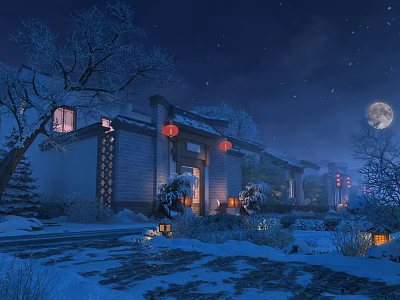 Scenic Snowy Night Courtyard with Chinese Architecture Red Lanterns Full Moon and Starry Sky 3d model