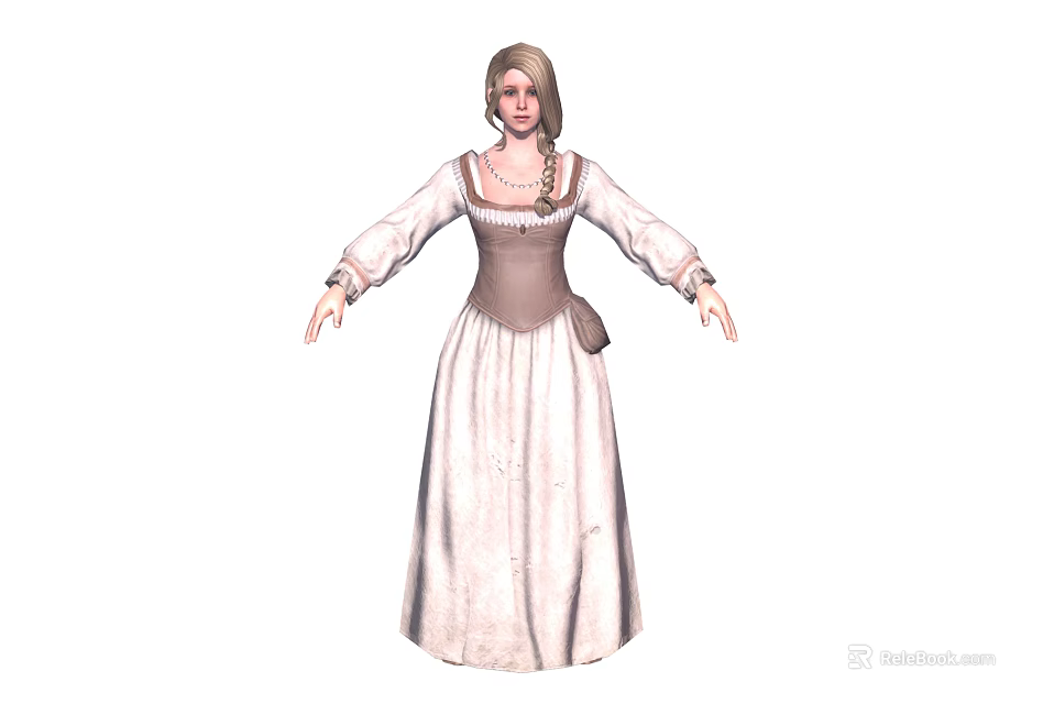 Classical Style Female Character With White Long Dress Brown Corset And Braided Hairstyle 3d model 