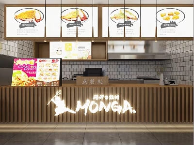 Monga Restaurant Interior With Menu Lightboxes Food Images Bestseller Section And Wooden Counter 3d model