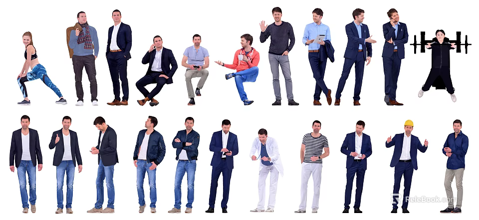 Group of Men in Different Poses Wearing Casual and Formal Outfits Standing and Sitting 3d model 