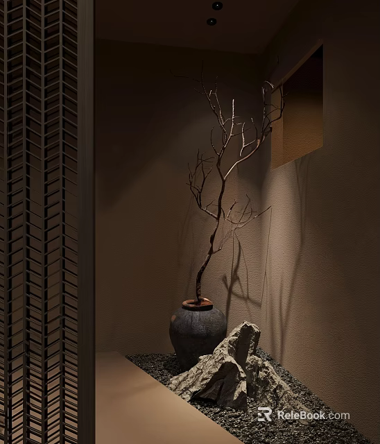 Natural Zen Style Ceramic Vase With Bare Branches Stones And Lattice Wall 3d model 