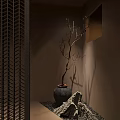 Natural Zen Style Ceramic Vase With Bare Branches Stones And Lattice Wall