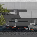 Modern Waterfall Feature With Koi Fish Pond Green Tree Gray Wall And Pebble Floor