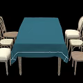 Elegant Dining Table Set With Blue Tablecloth And Six Ornate Back Chairs 3d model