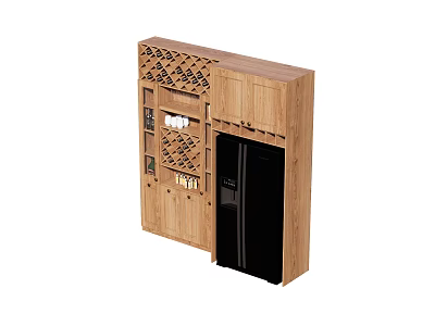 Modern Wooden Sideboard With Wine Rack Storage Shelves And Black Appliance In Dining Room 3d model