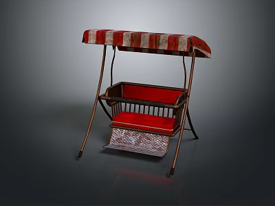 Single Chair With Red And White Striped Canopy Red Cushion Metal Frame And Small Basket 3d model