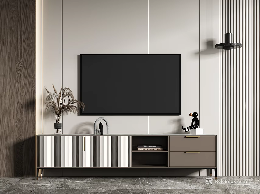 Modern TV Stand With Flat Screen TV Storage Compartments And Decorative Plants 3d model 