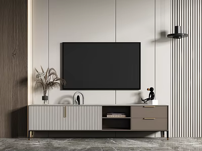 Modern TV Stand With Flat Screen TV Storage Compartments And Decorative Plants 3d model