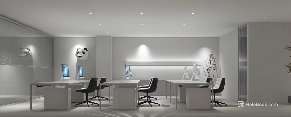Modern Public Office Space Interior Design With White Desks Black Chairs Computers And Green Plants 3d model 