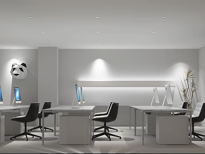Modern Public Office Space Interior Design With White Desks Black Chairs Computers And Green Plants 3d model
