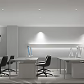 Modern Public Office Space Interior Design With White Desks Black Chairs Computers And Green Plants