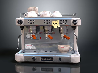 Stainless Steel Professional Espresso Machine With Control Knobs And Quality Cups 3d model