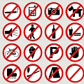 Various Prohibited Signs Icons Including No Smoking Parking Pets and Bicycles