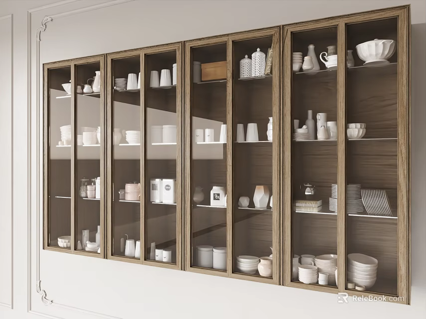Sleek Wall Cabinets With Glass Doors Displaying White Dishes Cups And Bowls In Modern Kitchen 3d model 