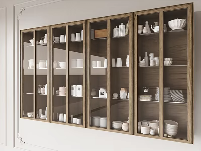 Sleek Wall Cabinets With Glass Doors Displaying White Dishes Cups And Bowls In Modern Kitchen 3d model