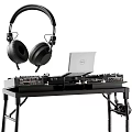Professional Audio Equipment Setup On Table With Speakers Mixer Turntable Laptop And Headphones