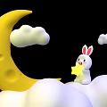 White Rabbit Holding Yellow Star On White Clouds With Yellow Crescent Moon