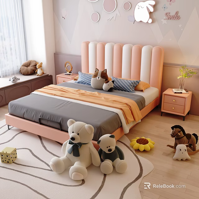 Cozy Kids Bed with Pink White Headboard Gray Orange Bedding and Stuffed Toys 3d model 