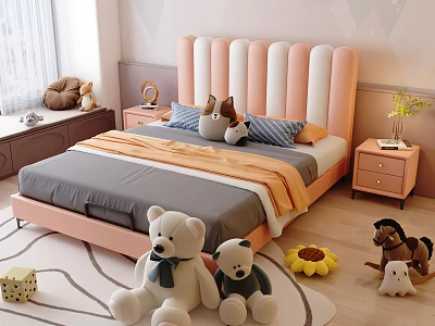Cozy Kids Bed with Pink White Headboard Gray Orange Bedding and Stuffed Toys 3d model
