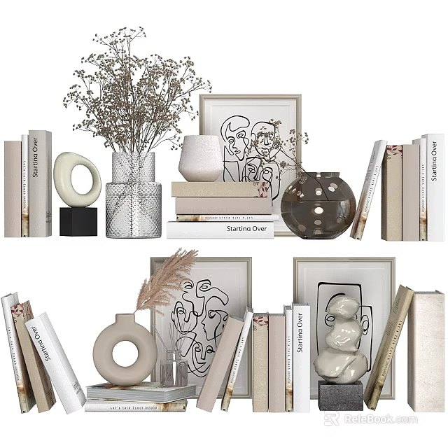 Stylish Decorative Ornament Set With Books Vases Framed Art Dried Flowers And Circular Ornaments 3d model 