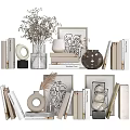 Stylish Decorative Ornament Set With Books Vases Framed Art Dried Flowers And Circular Ornaments
