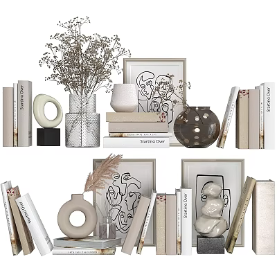 Stylish Decorative Ornament Set With Books Vases Framed Art Dried Flowers And Circular Ornaments 3d model