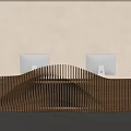 Modern Reception Front Desk With Wooden Wavy Striped Design And Two White Monitors