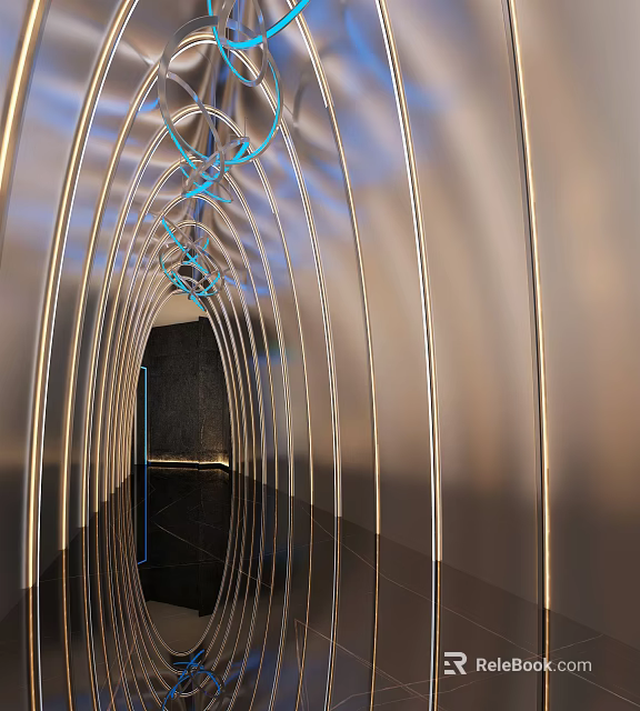 Modern Bar Interior With Curved Metal Structure Blue Lighting And Mirrored Floor 3d model 