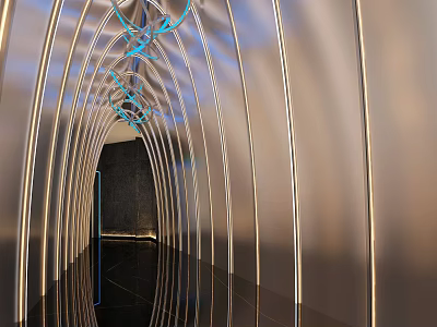 Modern Bar Interior With Curved Metal Structure Blue Lighting And Mirrored Floor 3d model