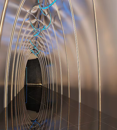 Modern Bar Interior With Curved Metal Structure Blue Lighting And Mirrored Floor 3d model