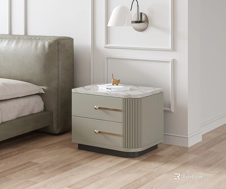 Soft Green Bedside Table With Two Drawers Gold Handles And Marble Top In Modern Bedroom 3d model 
