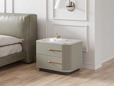 Soft Green Bedside Table With Two Drawers Gold Handles And Marble Top In Modern Bedroom 3d model