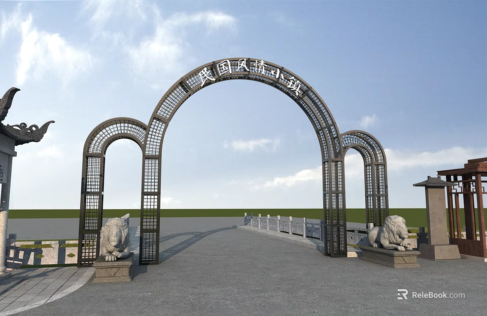 Arched Entrance Gate with Stone Lion Statues and Traditional Inscription in Feng Shui Cultural Park 3d model 