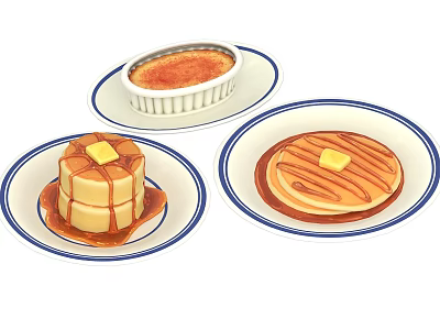 Delicious Dessert Platter Featuring Creme Brulee Stacked Cake And Pancake With Butter And Syrup 3d model
