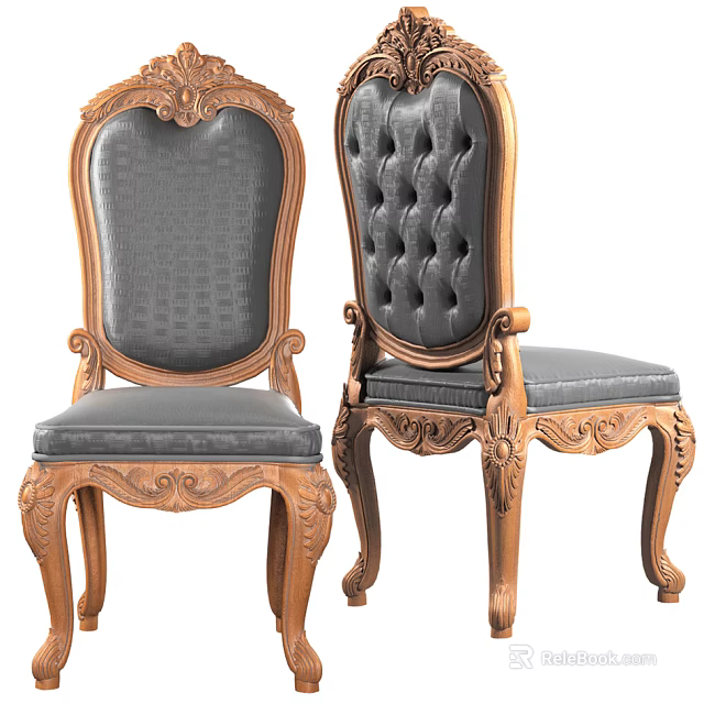Classic Dining Chairs Featuring Carved Wooden Frame Gray Upholstery And Tufted Paneled Backrests 3d model 