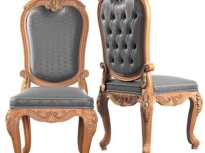 Classic Dining Chairs Featuring Carved Wooden Frame Gray Upholstery And Tufted Paneled Backrests 3d model