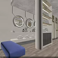 Modern Clubhouse Lobby With Round Mirrors Blue Sofa And Display Shelves And Warm Ambient Lighting